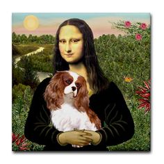 a painting of a woman holding a brown and white dog