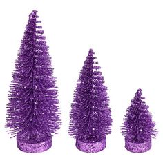 three purple christmas trees are in a row