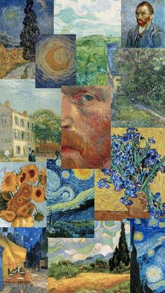 many different paintings are shown together in this collage with one man's face