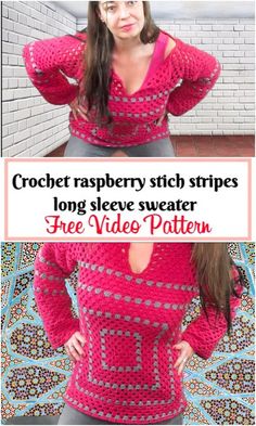 a woman wearing a pink crochet sweater with the text, free video pattern