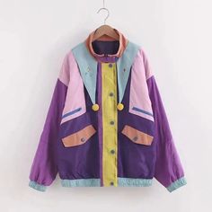 LOVEMI - Student quilted jacket Colorful Jacket, Style Kawaii, Color Block Jacket, Going Viral, Retro Clothing, Basic Jackets, Popular Products, Recycled Art, Oversized Jacket