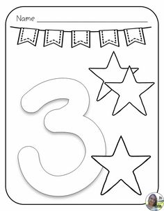 the number three with stars and buntings on it is outlined in black and white