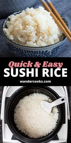 rice in a bowl with chopsticks next to it and the words quick and easy sushi rice