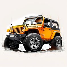 an orange jeep is parked in the sand