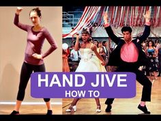 two women and one man are dancing with the words hand jive in front of them