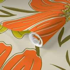 an orange flower wallpaper with green leaves and flowers on the background is a white tube