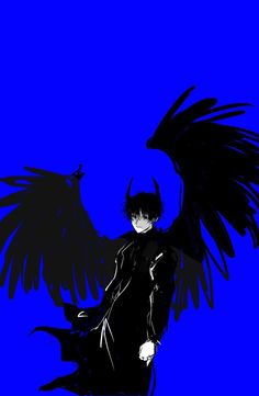 an anime character with black hair and wings on his back, standing in front of a blue background