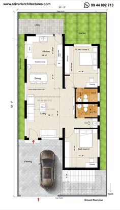 a floor plan for a house with two cars parked in the driveway