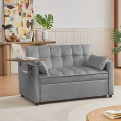 a living room with a couch, coffee table and potted plant