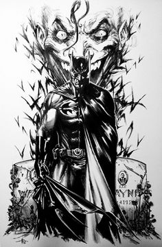 a black and white drawing of batman standing in front of a grave with skulls on it