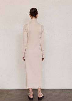 S-M (cm) LENGTH-138.5 SHOULDER-37 BUST-41.5 WAIST-34.5 SLEEVE LENGTH-66.5 SLEEVE HEM-10 ARMHOLE-40 HEM-45 POLYESTER 95%, SPAN 5% Made in South Korea Beige High Neck Dress, Fitted Midi Dress In Beige, Fitted Neutral Midi Dress For Spring, Dress Outer, Ribbed Maxi Dress, Sale Store, Light Beige, South Korea, Topshop