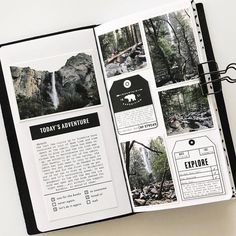 an open travel book with pictures and text on it, including the words today's adventure