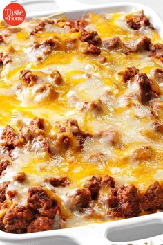 a casserole dish filled with meat and cheese