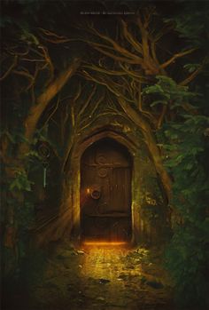 an image of a door in the middle of a forest with lots of trees around it