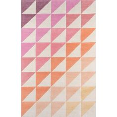 a rug with an abstract design in pink, orange and yellow colors on the floor