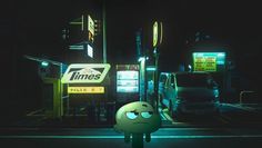 a cartoon character standing in front of a vending machine on a city street at night