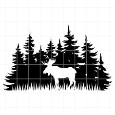 the silhouette of a deer in front of some trees and grass with black squares around it