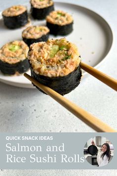 sushi rolls on a plate with chopsticks in the foreground and an ad for quick snack ideas