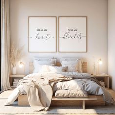 two framed pictures above a bed in a bedroom with white walls and flooring,