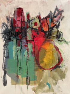 an abstract painting with red, yellow and green colors