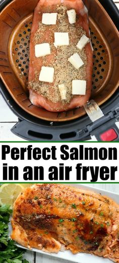 salmon fillets in an air fryer with parmesan cheese and herbs on top