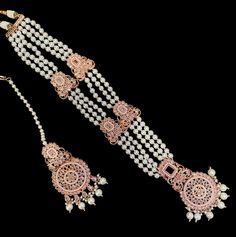 This is a complete bridal set and it comes with all the items in the picture. The finish is beautiful and it’s a unique set with very intricate design to go with any outfit. The jewelry can match most colors as it’s neutral and has a rose gold finish. Grab this beautiful set and complete your look for the big day! Polki Necklace, Bollywood Jewelry, Authentic Indian, Kundan Jewellery, Bridal Set, Rose Gold Necklace, Intricate Design, Indian Bridal, Bridal Sets