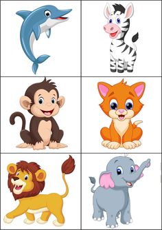 four different types of cartoon animals and their names in english or spanish, including zebra, monkey, elephant, giraffe, tiger