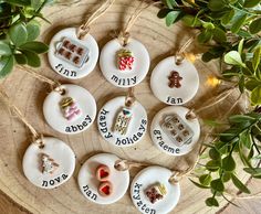 ceramic ornaments with names and pictures on them