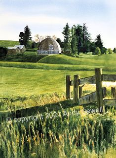 "Title: \"Palouse Classic Round Barn\" - a ltd. edition giclee reprod. from a watercolor of the northwests palouse country landscape, - by Andy Sewell Printed by and examined for accurate color by me, the artist, on archival cotton museum paper using Epson pigment inks that will last. the color of your print may vary from the color on the monitor screen. but do know, what i send out is the intended result it is sharp, and matches the original very closely NOTE prices in drop down menu above. The Country Barns, Barn Painting, Country Landscape, Country Landscaping, Village Life, Old Barns, Covered Bridges, Rustic Barn, Bird Houses