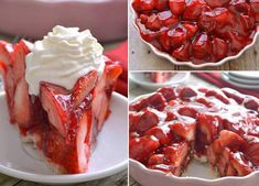 strawberry cheesecake with whipped cream on top and in the bottom, then topped with strawberries