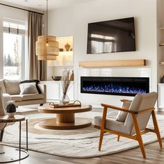 a living room with two chairs and a fire place in the middle of the room