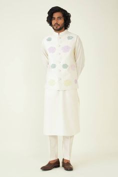 Ivory bundi with pastel multi colored resham and floral patch embroidery. - Aza Fashions Floral Patches, Patch Embroidery, Nehru Jacket, Nehru Jackets, Ivory Silk, Kurta With Pants, Pants Pattern, Aza Fashion, Multi Colored