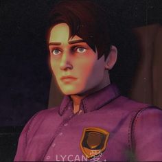 a close up of a person wearing a purple shirt and looking at the camera with an evil look on his face