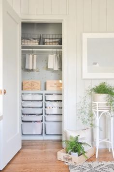 a white closet filled with lots of boxes and baskets next to a plant on top of a wooden floor