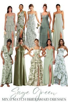 Autumn Bridesmaids Dresses, Pink And Sage Bridesmaid Dresses, Green Floral Dress Bridesmaid, Pick Your Own Bridesmaid Dress, Different Shade Green Bridesmaid Dresses, Floral And Solid Bridesmaid Dresses, Different Bridesmaid Dresses Green, Bridesmaid Flower Dresses, Purple Green Bridesmaid Dresses