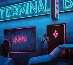 a painting of a bar with neon signs and people standing in front of the door