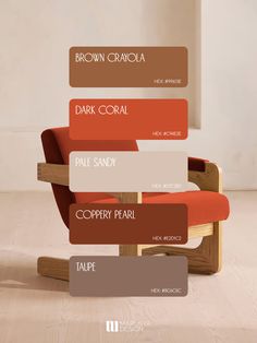 a chair with different colors on it and the words brown, crayoa, dark coral, pale sandy, company pearl