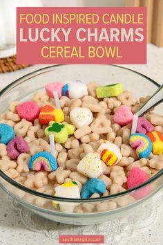 a bowl filled with lucky charms and marshmallows on top of a table