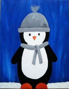 a painting of a penguin with a hat and scarf on it's head, sitting in front of a blue background