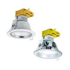 two different types of recessed lights on a white background, one is yellow and the other is red