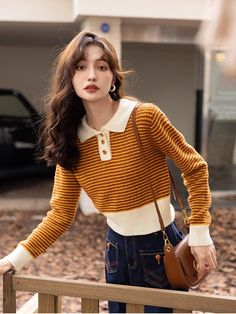 Sports Shorts Women, Knitted Tops, Fashion Design Drawings, Long Sleeve Knit Tops, Sweater Women, Color Contrast, Hot Dress, Romper With Skirt, Striped Sweater