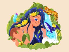 a woman with blue hair surrounded by plants and animals