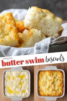 three different types of biscuits in small dishes on a table with the words butterswin biscuits above them