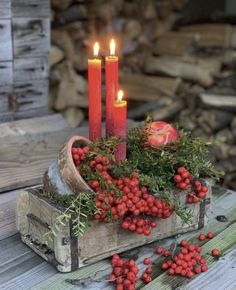 some red berries and two candles on a table