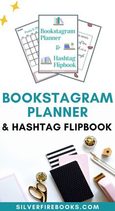 bookstagramm planner and hashtag flipbook with text overlaying the image