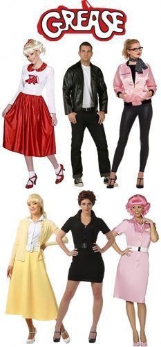 several people dressed up in costumes and posing for the camera, with words grease above them