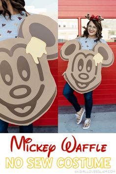 a woman in mickey mouse costume standing next to a red wall with the words mickey waffle no sew costume on it