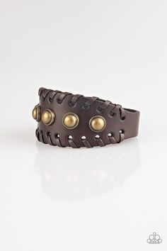 Infused with leather laces, a row of burnished brass beading is studded down the center of a brown leather band for a rustic look. Features an adjustable snap closure. Sold as one individual bracelet Cowboy Accessories, Wrist Candy