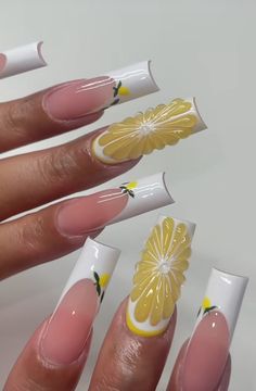 Birthday Theme Nails, 3d Sunflower Nails Acrylic, 3d Lemon Nails, Lemon Nails Designs Coffin, Yellow Bling Nails Rhinestones, 3d Nail Designs Fruit, Lemon Nails, Tapered Square Nails