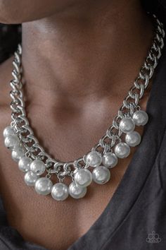 Get Off My Runway - Silver Pearl Necklace - Paparazzi Accessories - Bubbly silver pearls swing from the bottom of a hefty silver chain, creating a dramatic fringe below the collar. Features an adjustable clasp closure. Runway Necklace, Pearl Charm Necklace, Silver Pearl Necklace, Stylish Necklace, Paparazzi Accessories, Pearl Charms, Paparazzi Jewelry, Silver Pearls, Necklace Earring Set